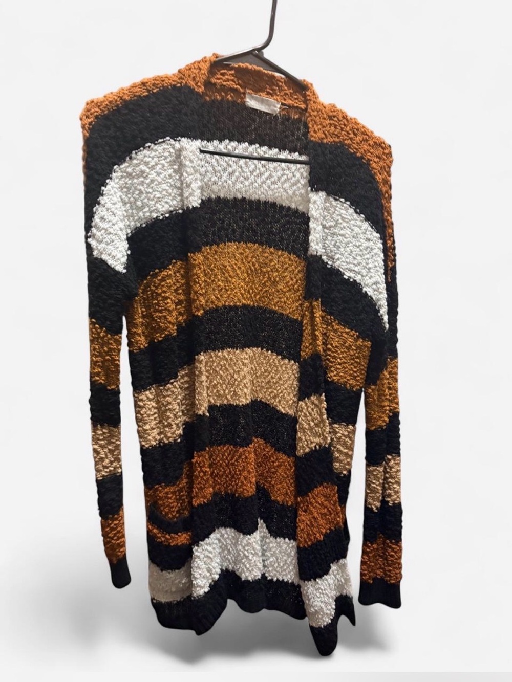 Striped Open-Front Sweater Cardigan in Brown, Black & Cream